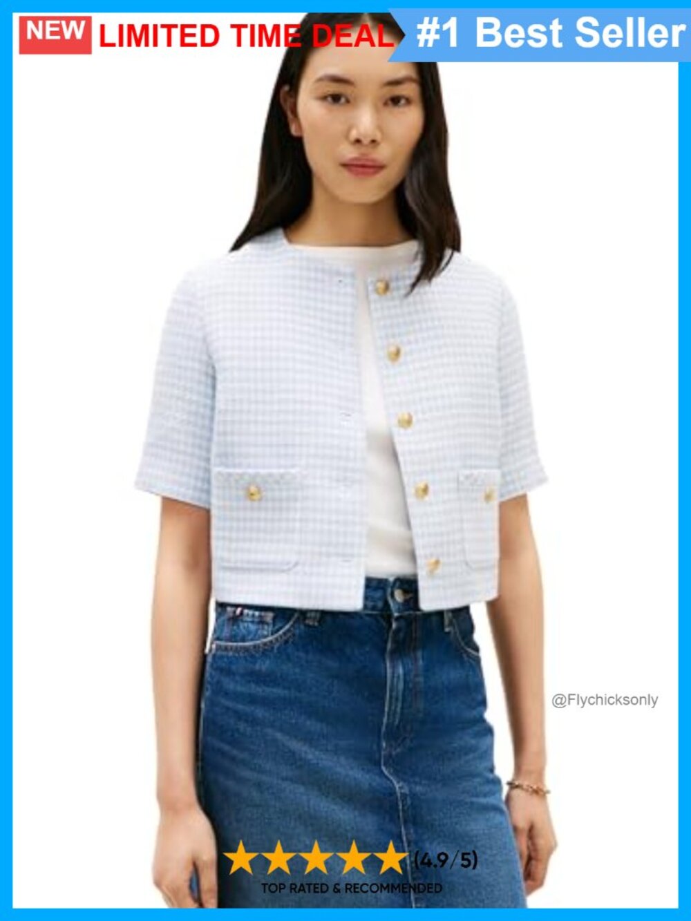 Short Sleeve Tweed Cropped Jacket with Pockets Collarless Button Up